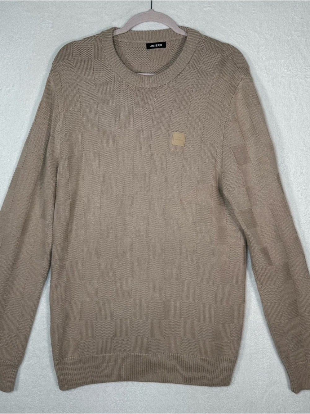 JMIERR Men's Medium Tan Textured Knit Pullover Sweater Geometric Minimalist Boho